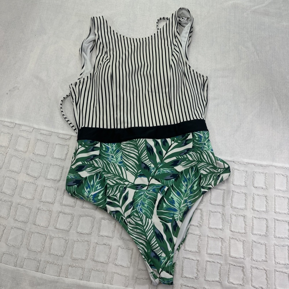 Cupshe Womens Large One Piece‎ Swimsuit High Neck Striped Tropical Leaf Green L